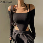 WhereMery Sexy Women's Off-Shoulder Halter Bodysuit Casual Spaghetti Straps Long Sleeve Slim T-Shirt for Party Clubwear Vestidos