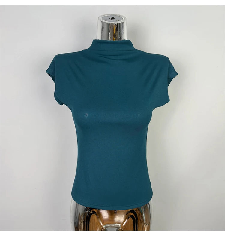 Female Streetwear Basics Versatile Tops Women Sexy Turtleneck Short Sleeve T-Shirts Solid Slim Fit Summer Causal Tees Shirts