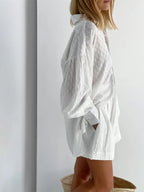 Women Jacquard Puff Sleeves Two Piece Sets for Summer Fashion Loose Shorts and Long Sleeved Shirt Outfits