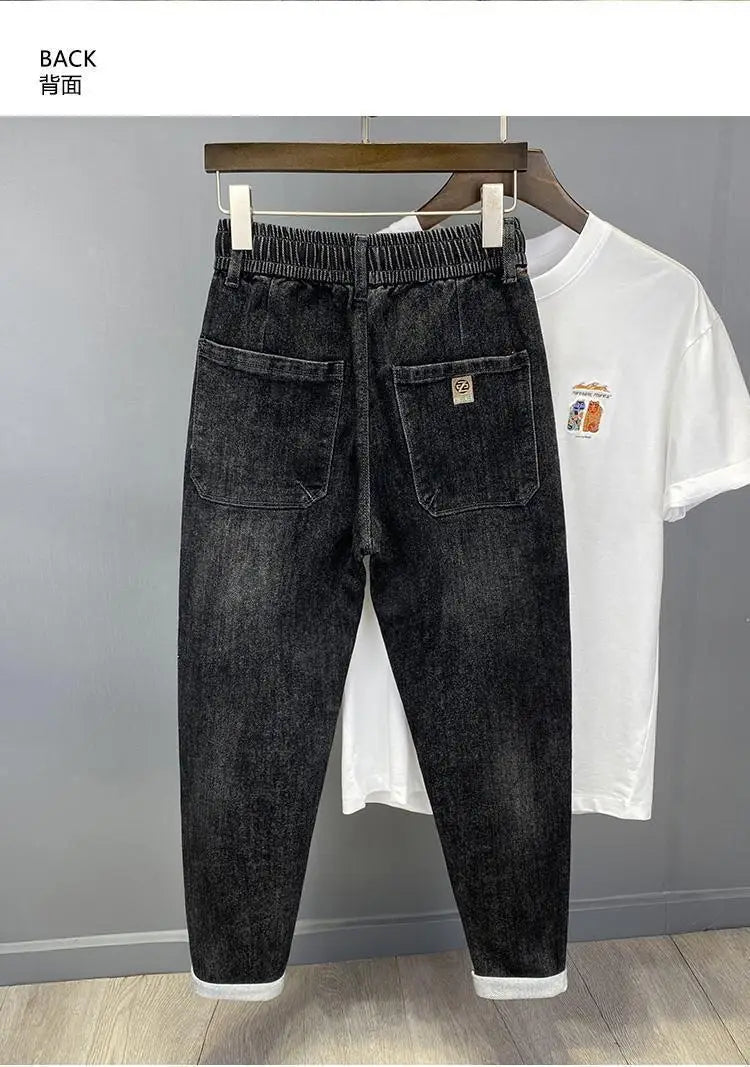 Harajuku Fashion Men's Printed Cargo Vintage Harem Pants Elastic Waistband Baggy Jeans for Casual Spring and Autumn Denim Pants
