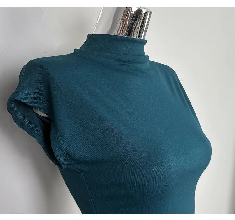 Female Streetwear Basics Versatile Tops Women Sexy Turtleneck Short Sleeve T-Shirts Solid Slim Fit Summer Causal Tees Shirts