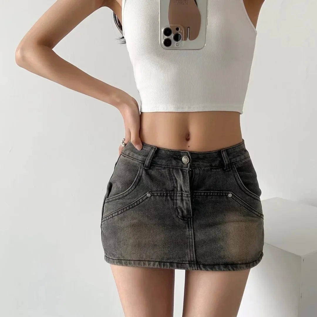 Skirts for Women Sexy Slim Solid Colour Pockets Spliced 2024 Summer Casual Femme High Waist Wrap Hip Mini Short Denim Skirt