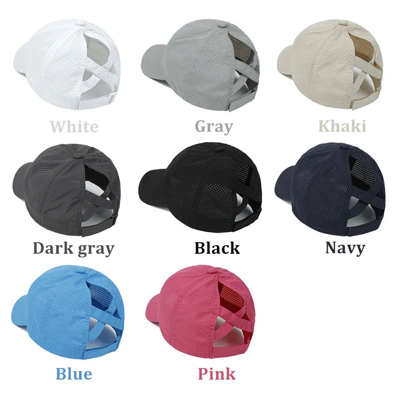 Summer Sun Hat Women Cross Ponytail Baseball Cap Outdoor Sport Hat Breathable Quick-Dry Sun Hat Camping Hiking Running Golf Caps
