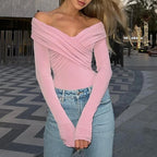 Red Sexy Off Shoulder Women's Bodysuits Fashion Crossed Folds Skinny Rompers Long Sleeve Fashion Streetwear Autumn Bodysuits New