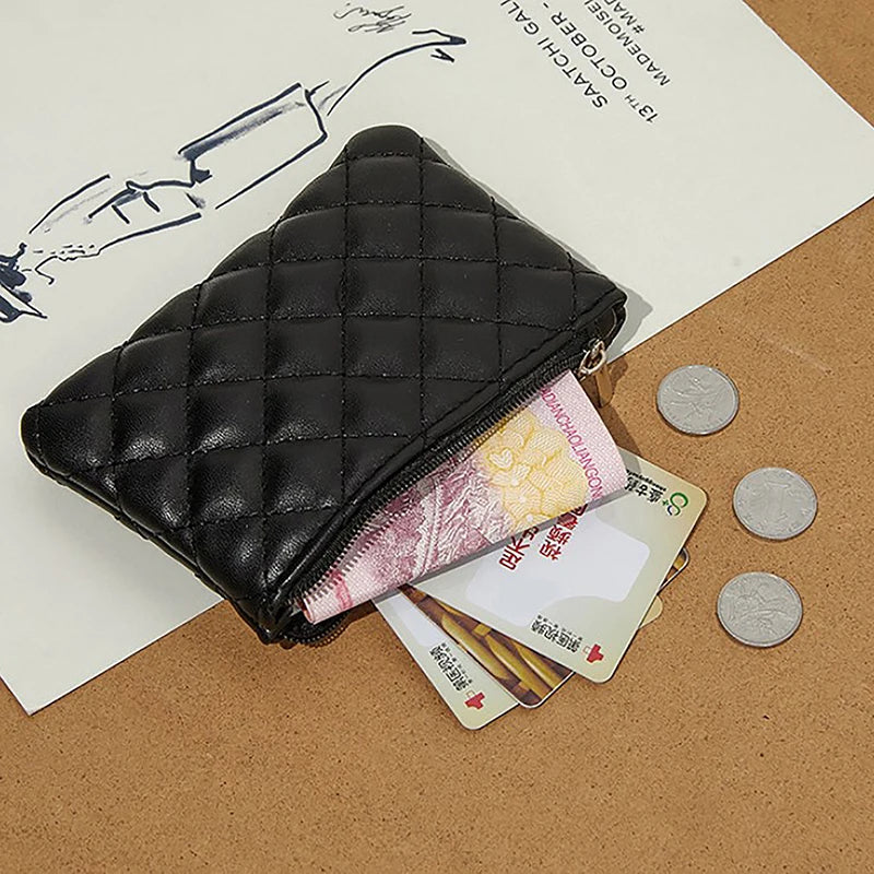 Women Small Coin Purse PU Leather Zipper Wallets Pouch Plaid Print Change Purses Business Card Holder Ladies Mini Coin Bag