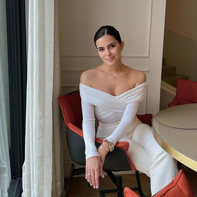 Red Sexy Off Shoulder Women's Bodysuits Fashion Crossed Folds Skinny Rompers Long Sleeve Fashion Streetwear Autumn Bodysuits New