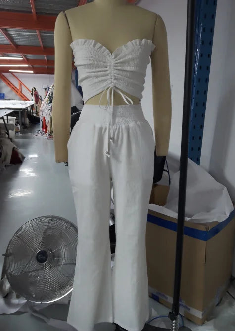 Two Piece Set Women Outfit Summer Fashion Drawstring Bandeau Sleeveless Crop Top & Casual Shirred High Waist Pants Sets