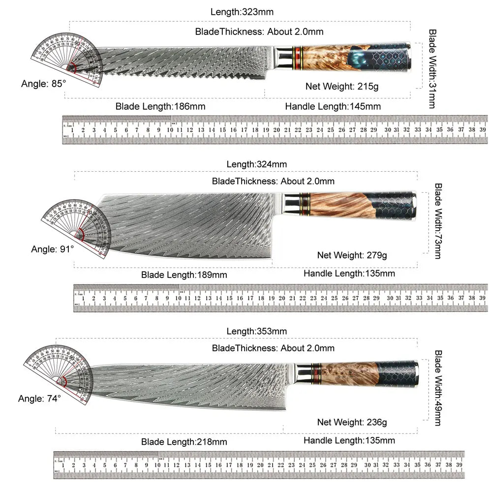 Kitchen Knives-Set Damascus Steel Chef Knife Cleaver Paring Utility Bread Knife Cooking Tool Blue Resin Handle 1-10 Pcs/Set