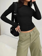 Womens Long Sleeve Shirts Basic Spring Crop Tops Fall Fashion Layering Slim Fitted Y2k Tops