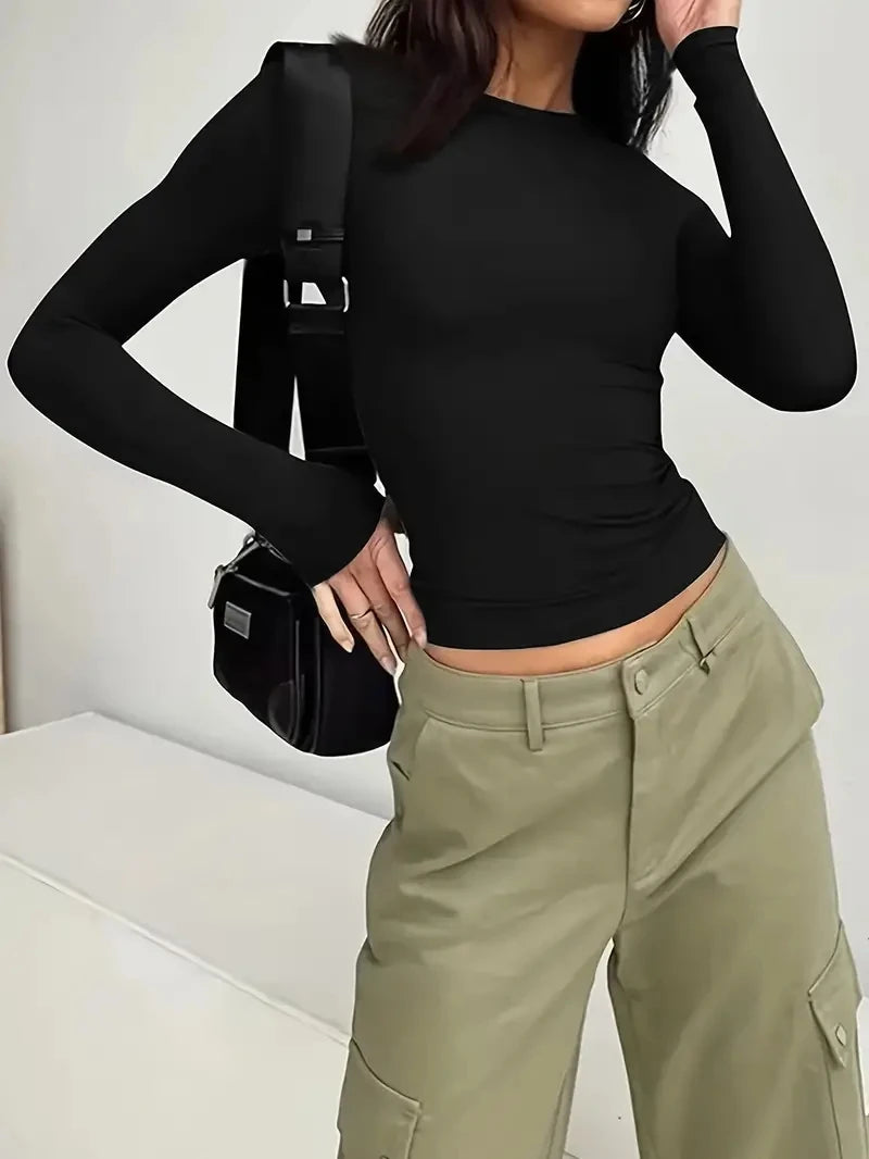 Womens Long Sleeve Shirts Basic Spring Crop Tops Fall Fashion Layering Slim Fitted Y2k Tops