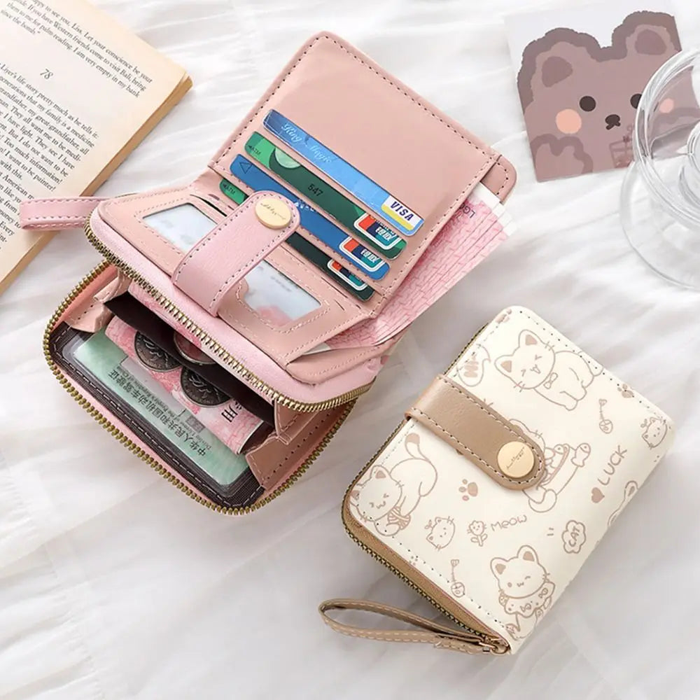 Cute Cat Coin Purse Women Fashion Short Wallet PU Leather Large Capacity Wallet Lightweight ID Card Holder Travel Cash Coin Bag