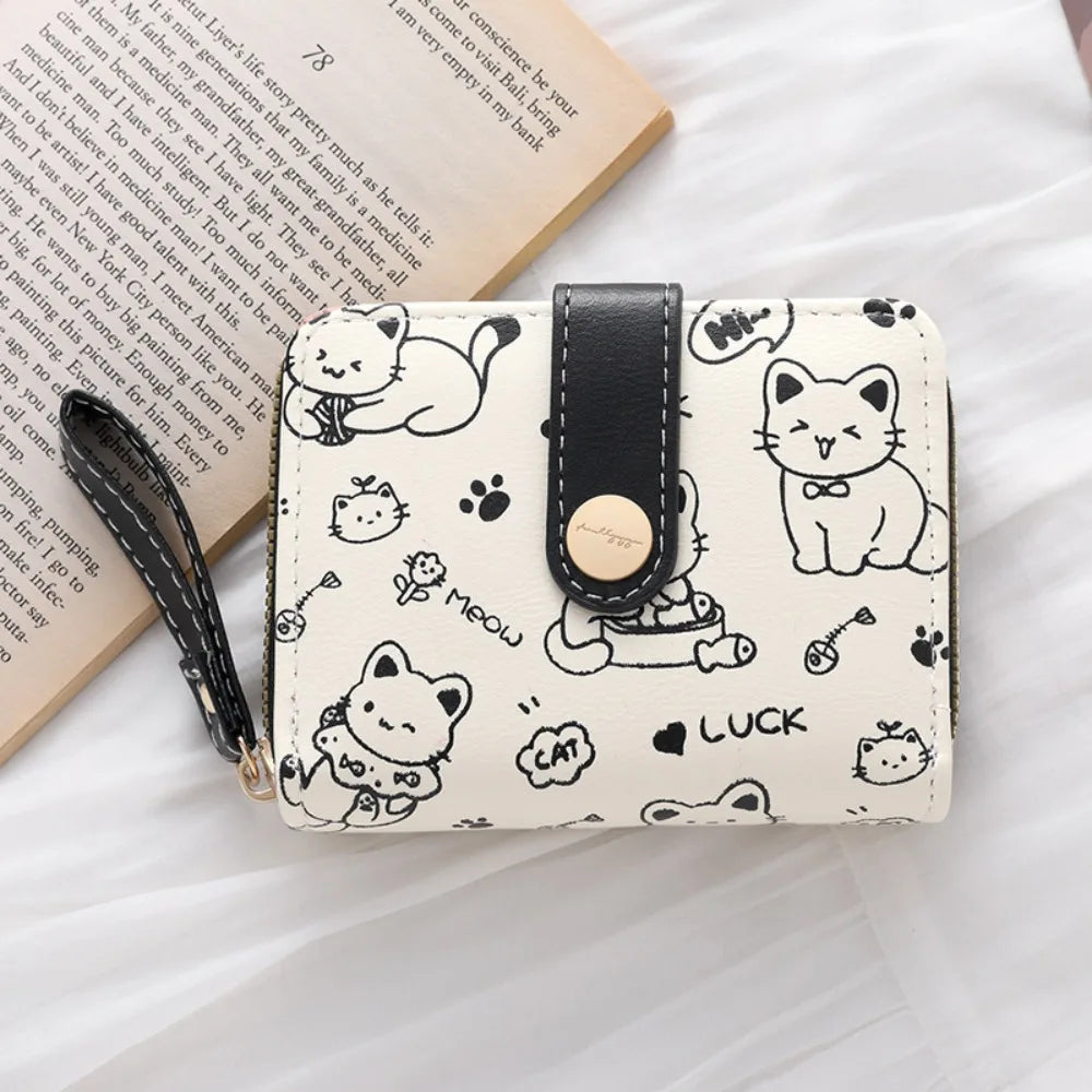 Cute Cat Coin Purse Women Fashion Short Wallet PU Leather Large Capacity Wallet Lightweight ID Card Holder Travel Cash Coin Bag