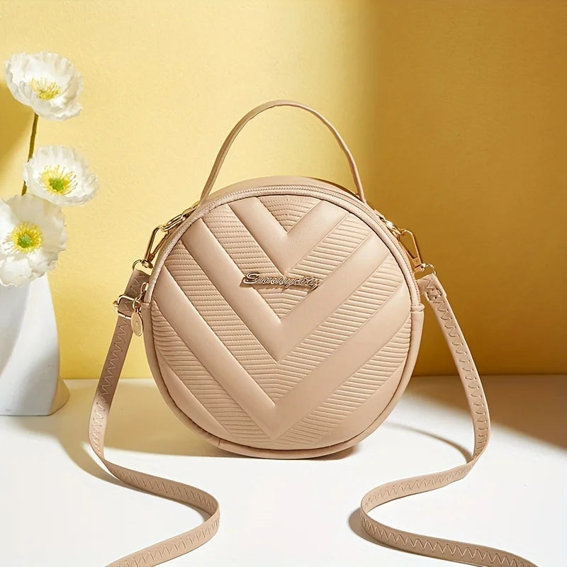 Chic Circle Crossbody Purse for Women - V-Quilted  Detachable Strap  Interior Pockets for Daily Use
