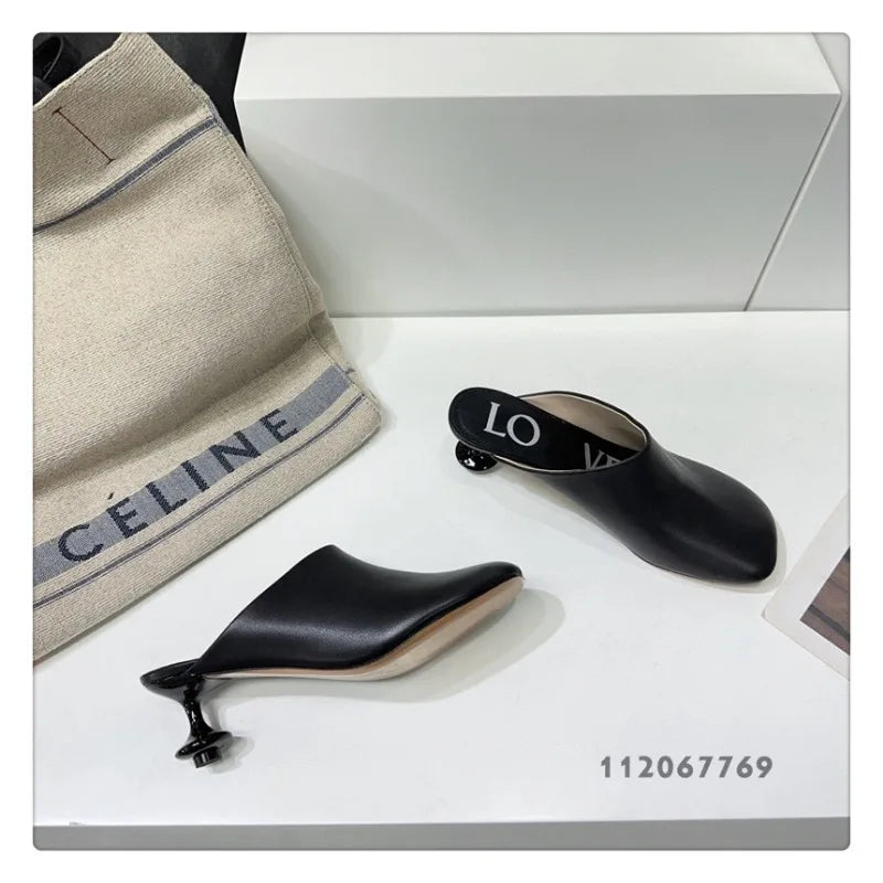 Square Toe Elegant Women Slippers Fad Mid Heels Leather Sandals Mule Shoes Trend Spring Designer Dress Femme Chaussures