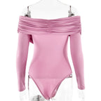 Red Sexy Off Shoulder Women's Bodysuits Fashion Crossed Folds Skinny Rompers Long Sleeve Fashion Streetwear Autumn Bodysuits New