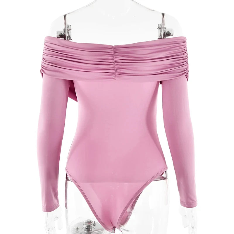 Red Sexy Off Shoulder Women's Bodysuits Fashion Crossed Folds Skinny Rompers Long Sleeve Fashion Streetwear Autumn Bodysuits New