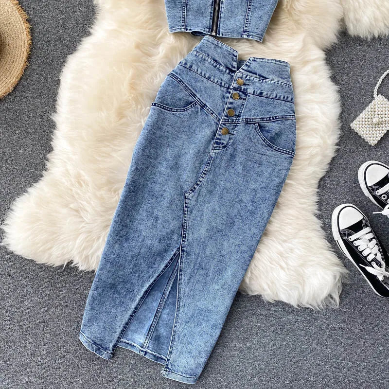 Skirt Sets Women Denim Skirts Two Piece Set Tanks Sleeve Less Slim Fit Vests High Waist Jeans Button Streetwear Summer