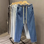 Men's Casual Loose Straight Leg Jeans Thin Wear Resistant Spring Autumn Vintage Workwear Durable Cotton Denim Trousers