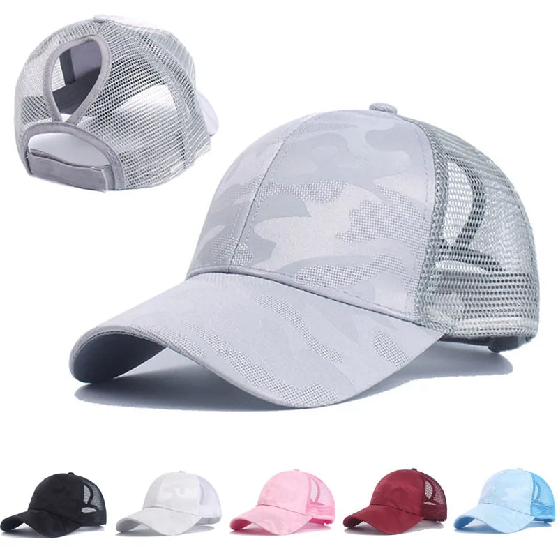 Summer Camouflage Mesh Trucker Hat Snapback Cap Chapeau Femme Fashion Messy Hair Bun Ponytail Baseball Caps for Women
