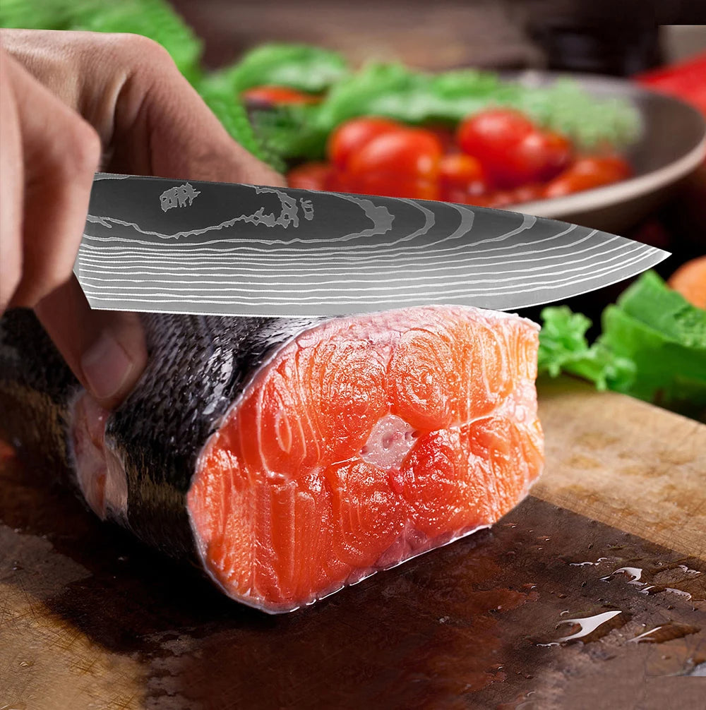 Kitchen Knife Set 15-Piece With Wooden Block,Laser Damascus Pattern Steel Professional Chef's Knife,With Scissor Sharpening Rod