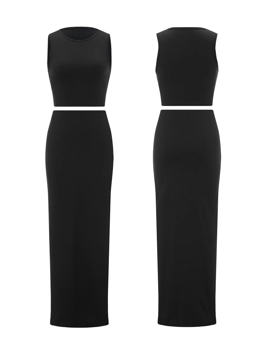 Combhasaki Women's Summer 2Piece Outfits Set Solid Color Crew Neck Sleeveless Crop Tank Tops + Wrapped Hip High Slit Long Skirts
