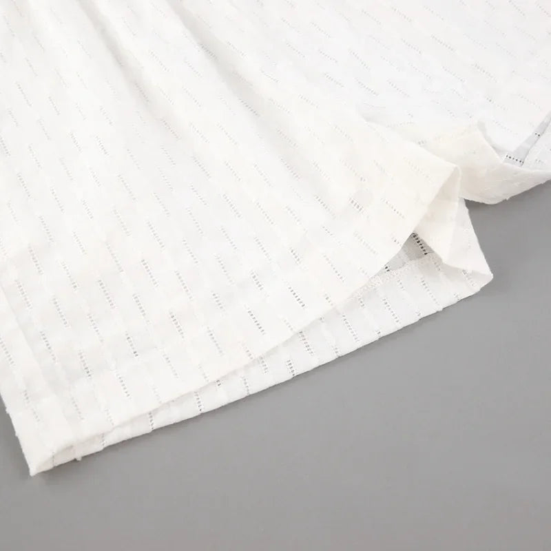 Women Jacquard Puff Sleeves Two Piece Sets for Summer Fashion Loose Shorts and Long Sleeved Shirt Outfits