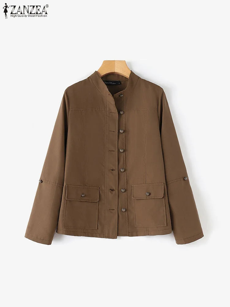 ZANZEA Fashion OL Jackets Woman Long Sleeve Stand Collar Outerwear Autumn Vintage Party Work Wear Female Elegant Button UP Coats