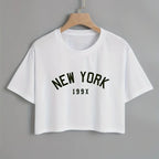 Short sleeved casual women's round neck T-shirt with New York letter print, spring and summer clothing