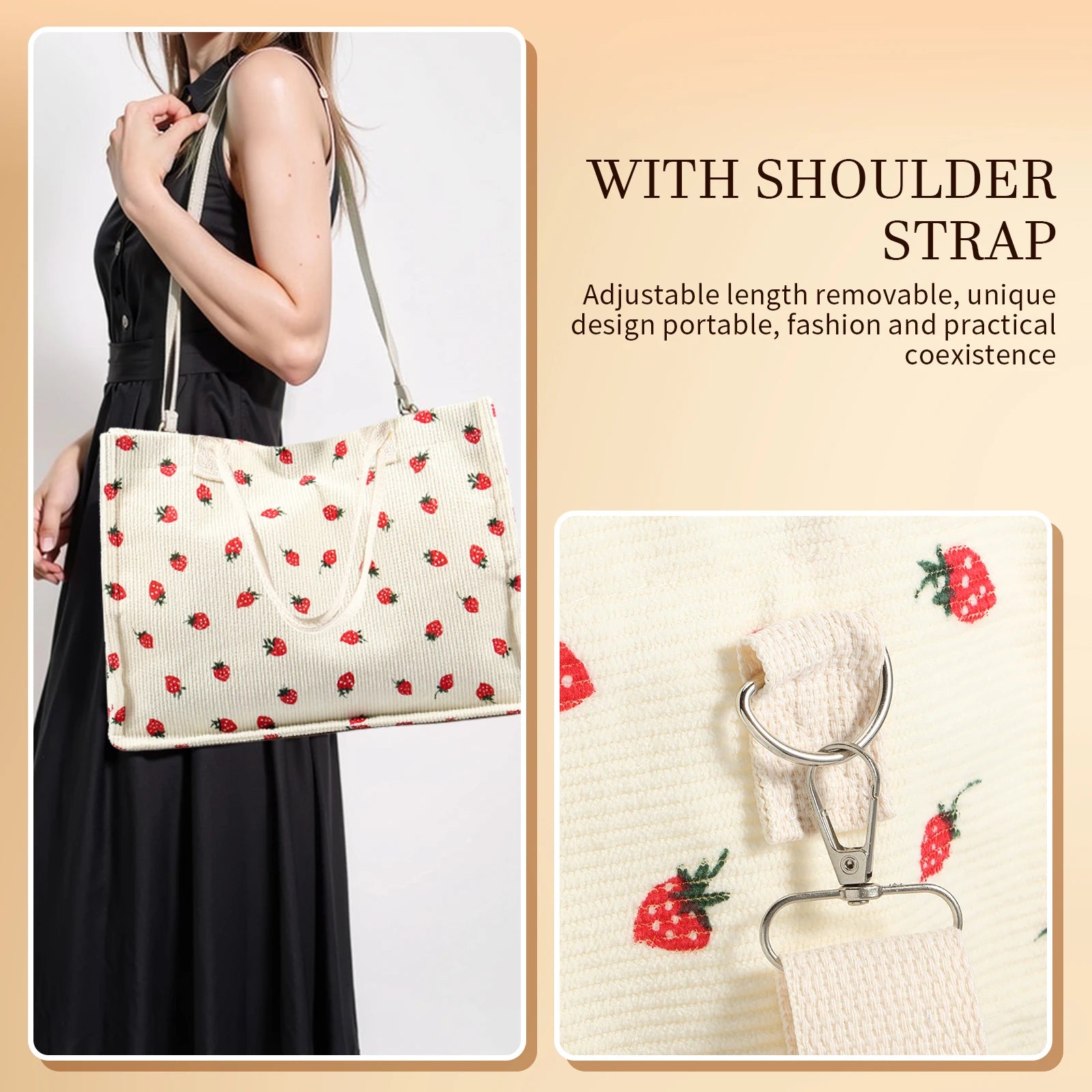 Tote Bag Cute Strawberry Patched Purse for Women Fabric Large Capacity Tote Purse Enduring Tote Bag with Adjustable Shoulder