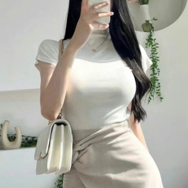 Female Streetwear Basics Versatile Tops Women Sexy Turtleneck Short Sleeve T-Shirts Solid Slim Fit Summer Causal Tees Shirts