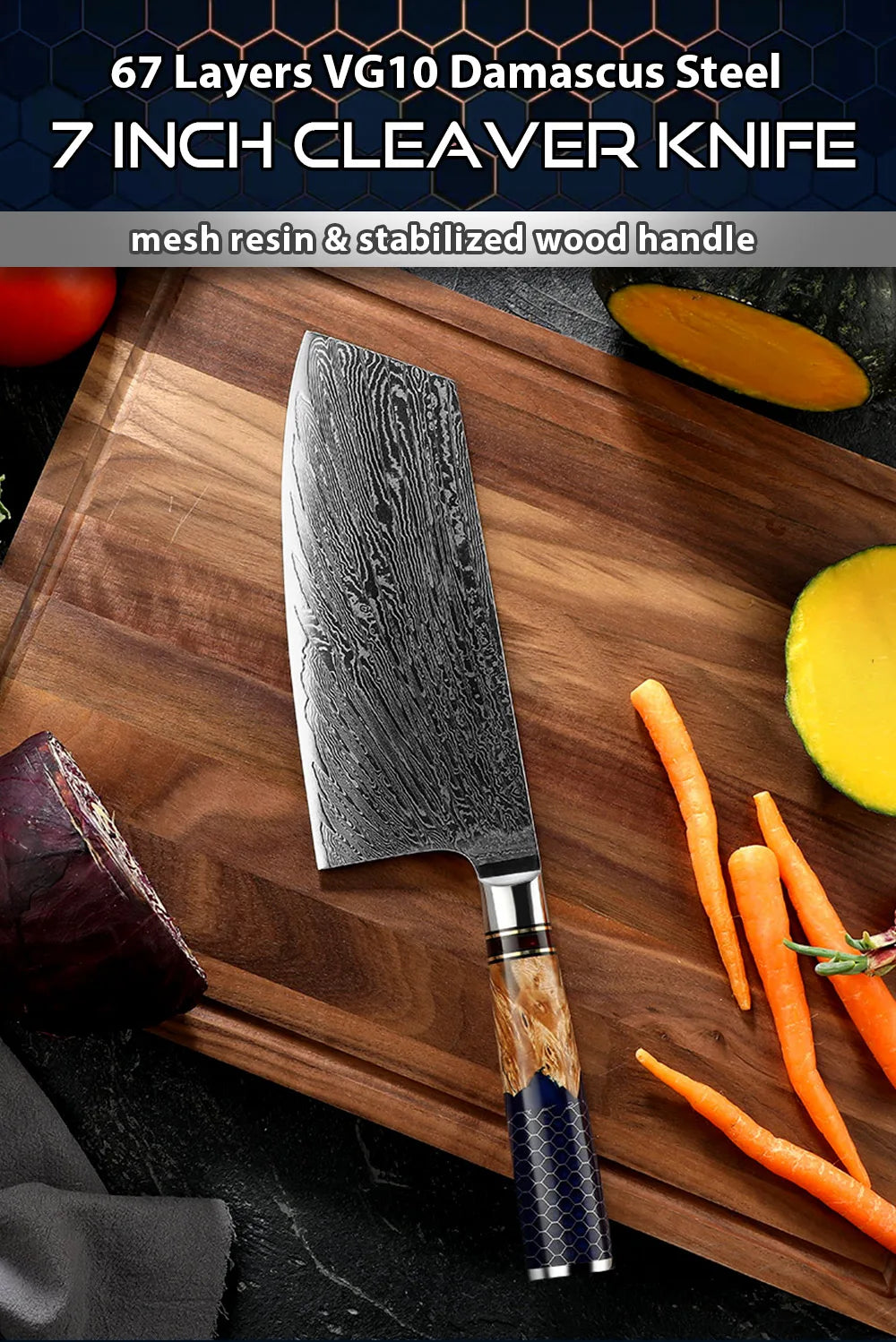 Kitchen Knives-Set Damascus Steel Chef Knife Cleaver Paring Utility Bread Knife Cooking Tool Blue Resin Handle 1-10 Pcs/Set