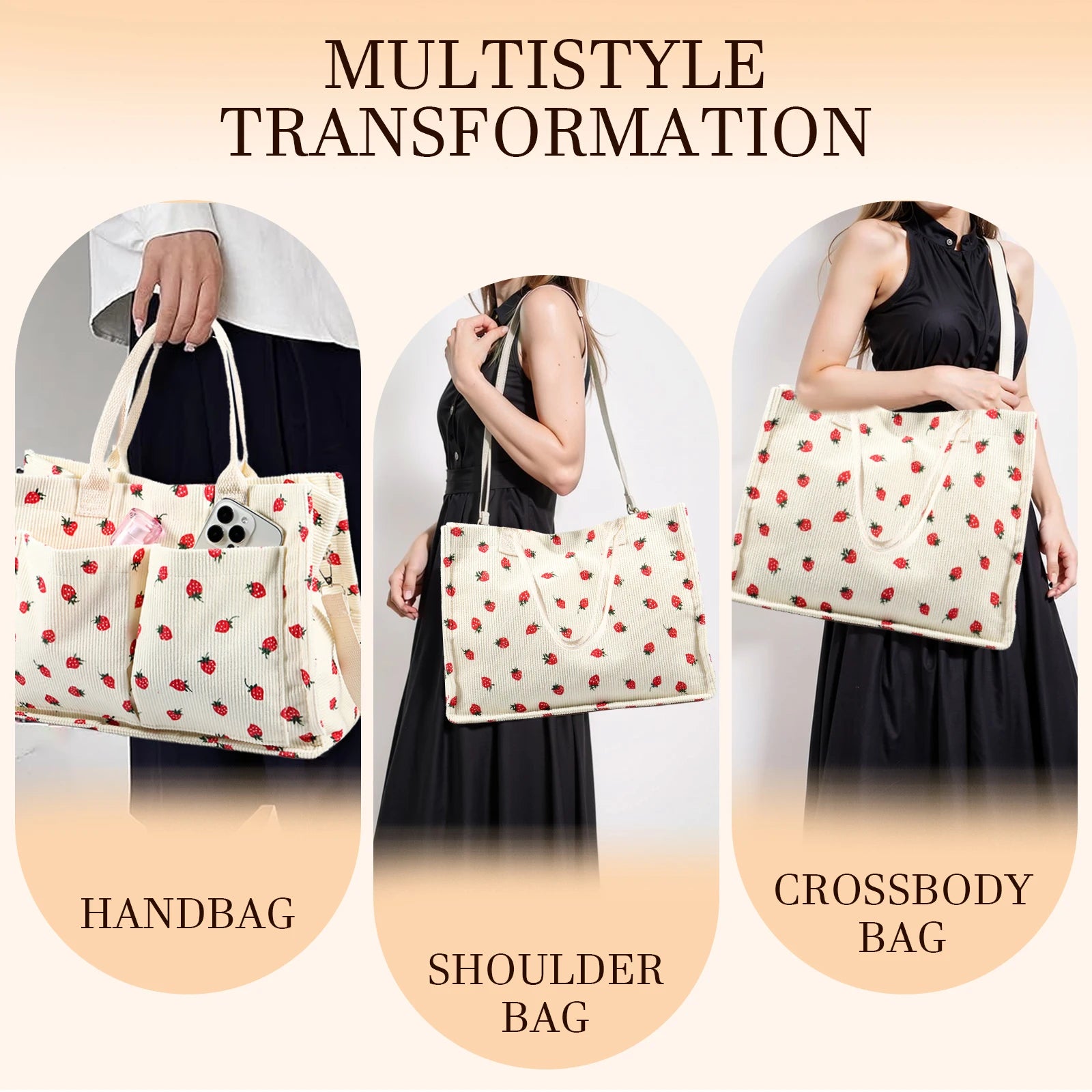 Tote Bag Cute Strawberry Patched Purse for Women Fabric Large Capacity Tote Purse Enduring Tote Bag with Adjustable Shoulder