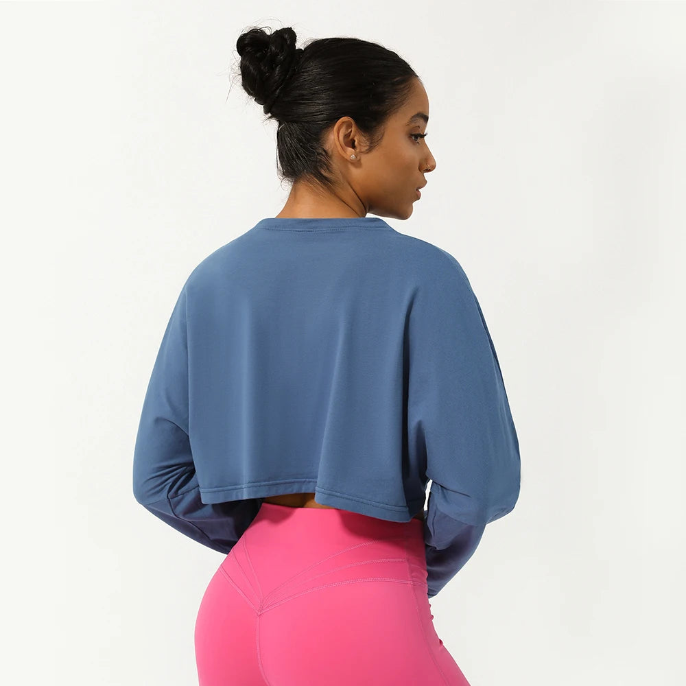 Women Long Sleeve Fitness Crop Top Soft Soild Color Workout T-Shirt Loose Running Yoga Shirt