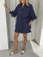 Women Jacquard Puff Sleeves Two Piece Sets for Summer Fashion Loose Shorts and Long Sleeved Shirt Outfits