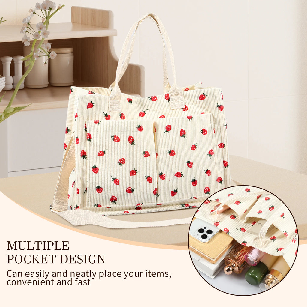 Tote Bag Cute Strawberry Patched Purse for Women Fabric Large Capacity Tote Purse Enduring Tote Bag with Adjustable Shoulder