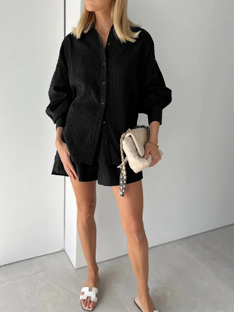 Women Jacquard Puff Sleeves Two Piece Sets for Summer Fashion Loose Shorts and Long Sleeved Shirt Outfits
