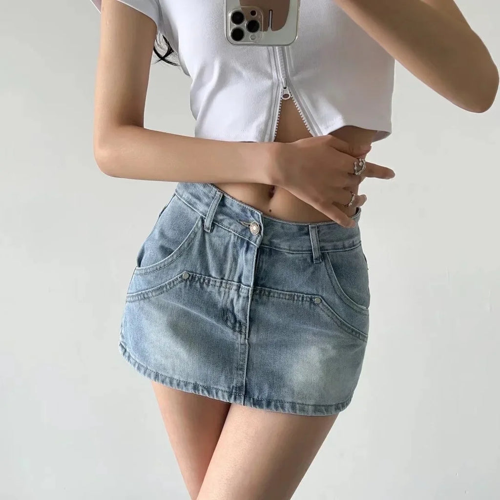 Skirts for Women Sexy Slim Solid Colour Pockets Spliced 2024 Summer Casual Femme High Waist Wrap Hip Mini Short Denim Skirt