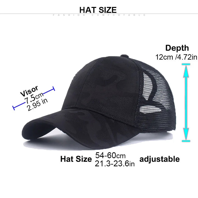 Summer Camouflage Mesh Trucker Hat Snapback Cap Chapeau Femme Fashion Messy Hair Bun Ponytail Baseball Caps for Women