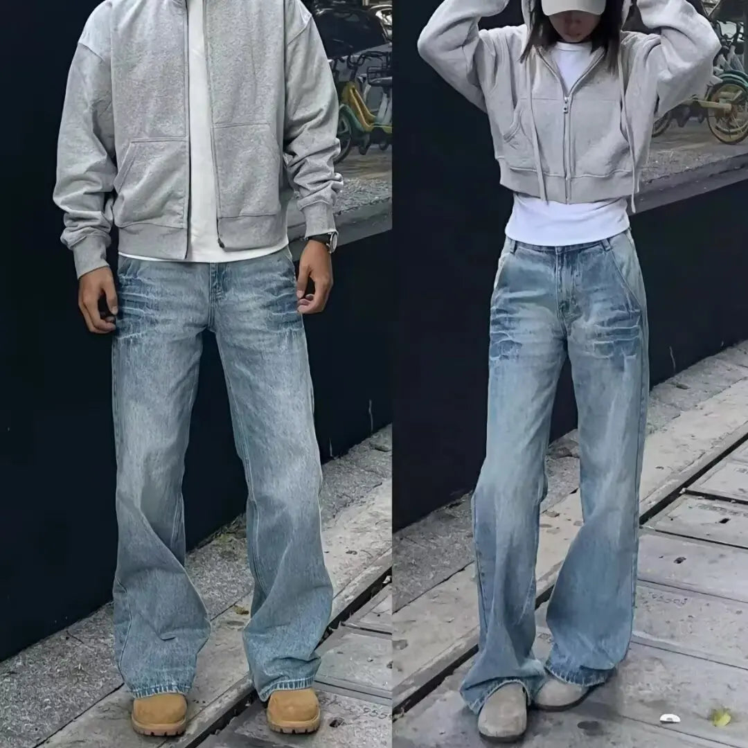 American Vibe style retro washed summer new jeans for men and women Instagram fashion brand high street loose straight leg pants