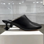 Square Toe Elegant Women Slippers Fad Mid Heels Leather Sandals Mule Shoes Trend Spring Designer Dress Femme Chaussures