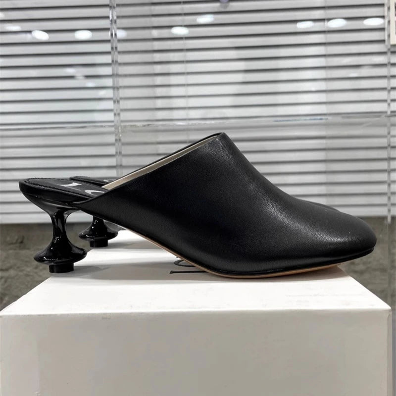 Square Toe Elegant Women Slippers Fad Mid Heels Leather Sandals Mule Shoes Trend Spring Designer Dress Femme Chaussures