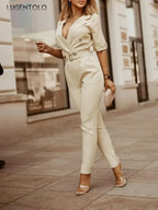 Women Suit Short Sleeve Jumpsuit Slim Fit Fashion Office Lady Spring Summer Elegant Solid Button Sexy High Waist Jumpsuits