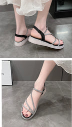 Flat-heeled Sandal Woman Rhinestone Comfortable Sandals for Women Summer New 2025 Without Heel Elegant Roman Fashion