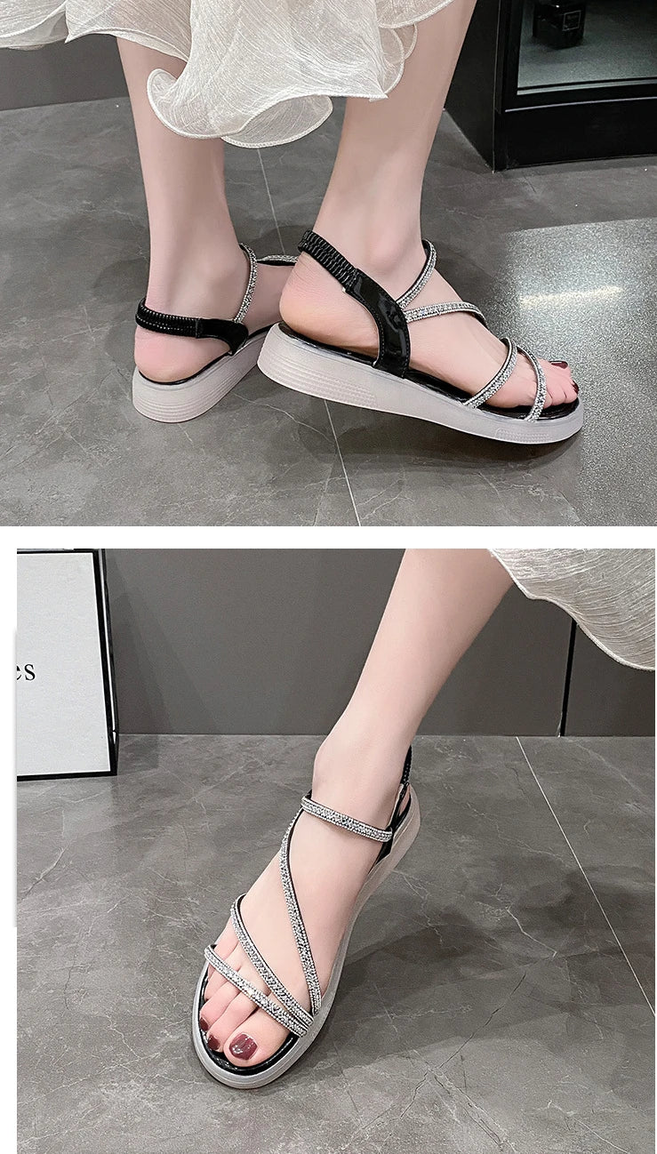 Flat-heeled Sandal Woman Rhinestone Comfortable Sandals for Women Summer New 2025 Without Heel Elegant Roman Fashion