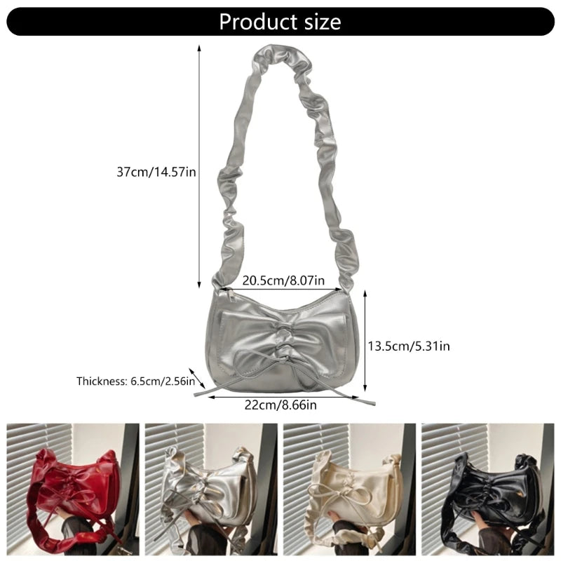 Stylish Casual Pleated Shoulder Bag with Novelty Bowknot PU Leather Handbag Purse for Female