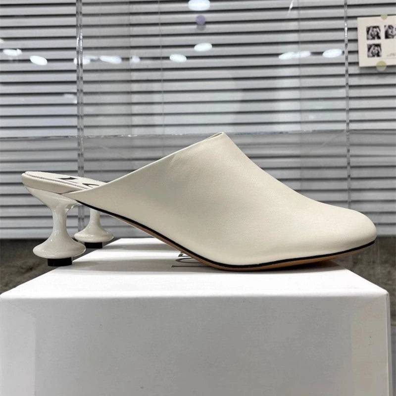 Square Toe Elegant Women Slippers Fad Mid Heels Leather Sandals Mule Shoes Trend Spring Designer Dress Femme Chaussures