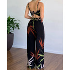 Summer Women Tropical Print Spaghetti Strap Casual Lace up Back Top &High Waist Pants Set 2 Pieces Suit Sets