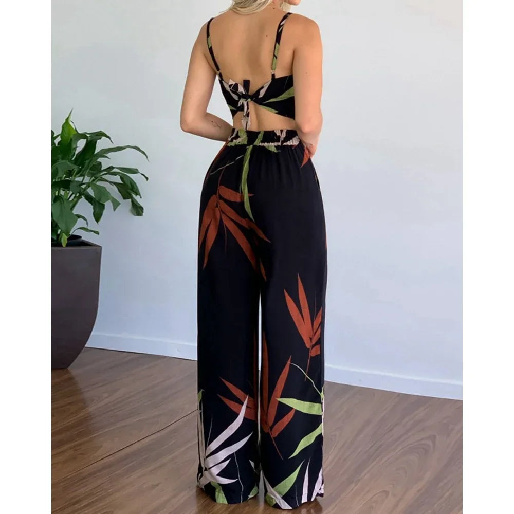 Summer Women Tropical Print Spaghetti Strap Casual Lace up Back Top &High Waist Pants Set 2 Pieces Suit Sets