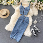 Skirt Sets Women Denim Skirts Two Piece Set Tanks Sleeve Less Slim Fit Vests High Waist Jeans Button Streetwear Summer