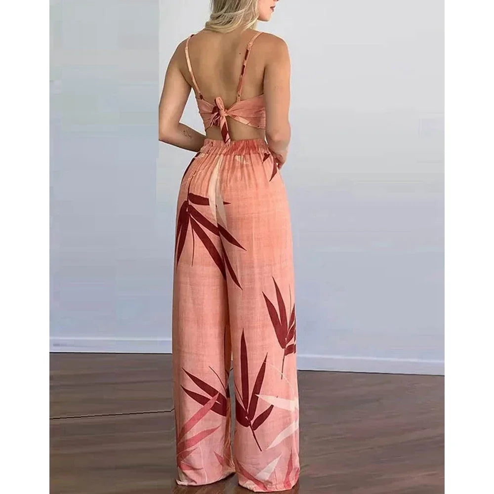 Summer Women Tropical Print Spaghetti Strap Casual Lace up Back Top &High Waist Pants Set 2 Pieces Suit Sets